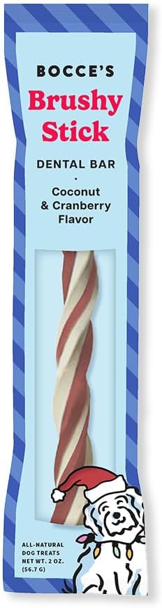 Bocce'S Bakery All-Natural, Seasonal, Candy Cane Dental Stick For Dogs, Coconut & Cranberry Flavor Wheat-Free, Limited Ingredient Dog Dental Bar, Inspired By Christmas, 0.8 Oz