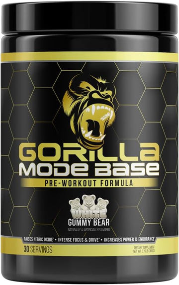 Gorilla Mode Base Pre Workout - Raises Nitric Oxide ú Intense Focus & Drive ú Endurance ú Power - L-Citrulline, L-Tyrosine, Betaine, Alpha-GPC, Caffeine, Huperzine A - 360 Grams (White Gummy Bear)