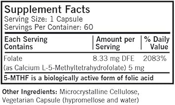 Kirkman 5-Mthf ([6S]-5-Methyltetrahydrofolate) 5 Mg - Hypoallergenic | 60 Vegetarian Capsules