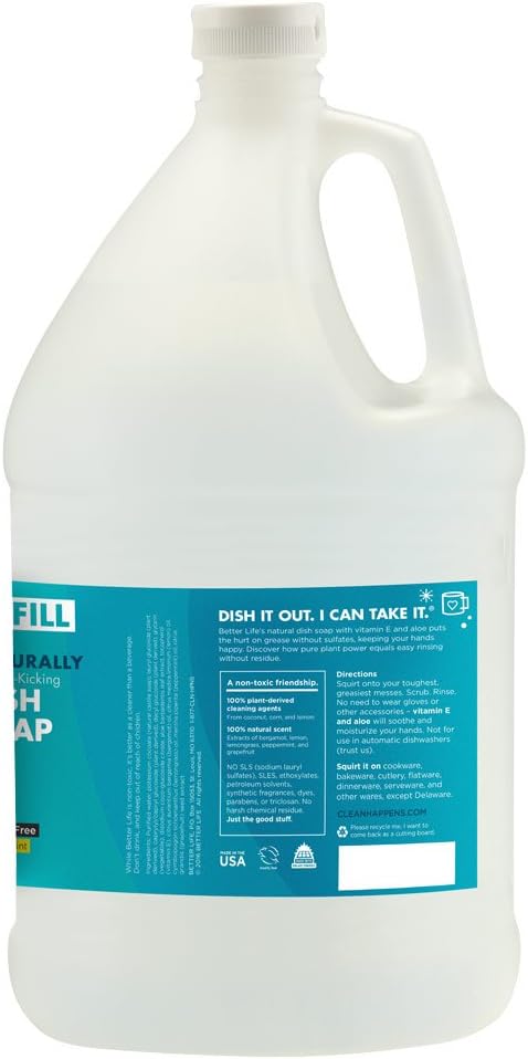 Better Life Dish Soap - Liquid Dishwashing Soap With Vitamin E And Aloe For Home & Kitchen Sink - No Gloves Required Kitchen Soap For Sensitive Skin - 1 Gal Refill Lemon Mint
