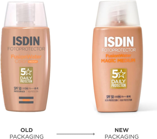 ISDIN Fusion Water Color SPF 50 (Medium) 50ml , Tinted daily facial sun cream , Ultra-light texture