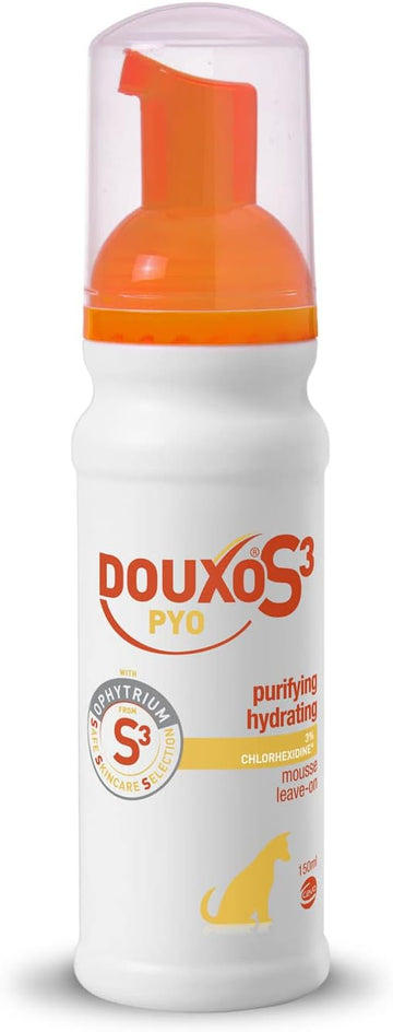 Douxo S3 Pyo Mousse, Waterless Antibacterial & Anti-Yeast Mousse, Leave-On Douxo S3-Pyo Mousse, Chlorhexidine For Dogs, No Rinse No Bath Mousse For Dogs, Hypoallergenic Fragrance, 150Ml