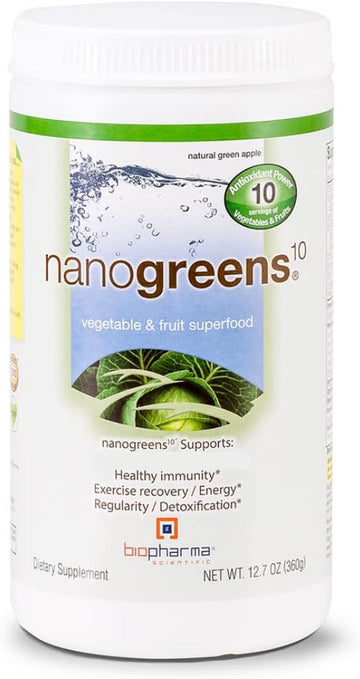 Biopharma Scientific Nanogreens : Greens Superfood Fruit & Vegetable Powder Smoothie For Digestive Health & Immunity W/Spirulina, Chlorella, Kale, Spinach, Plant Based, Green Apple, 30 Servings