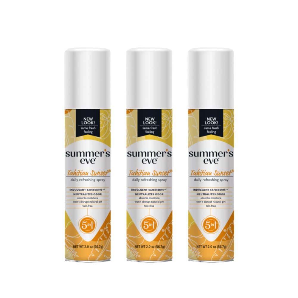 Summer'S Eve Daily Refreshing Spray, Tahitian Sunset Scent, 5 In 1, Neutralizes Odor, Absorbs Moisture, Talc-Free, Not Tested On Animals, 2 Oz In Each (Pack Of 3)