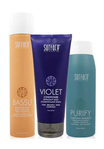 Surface Hair Perfect Blonde Maintenance Trio: Purify Clarifying Shampoo And Violet Conditioner Plus Bassu Moisture Mist