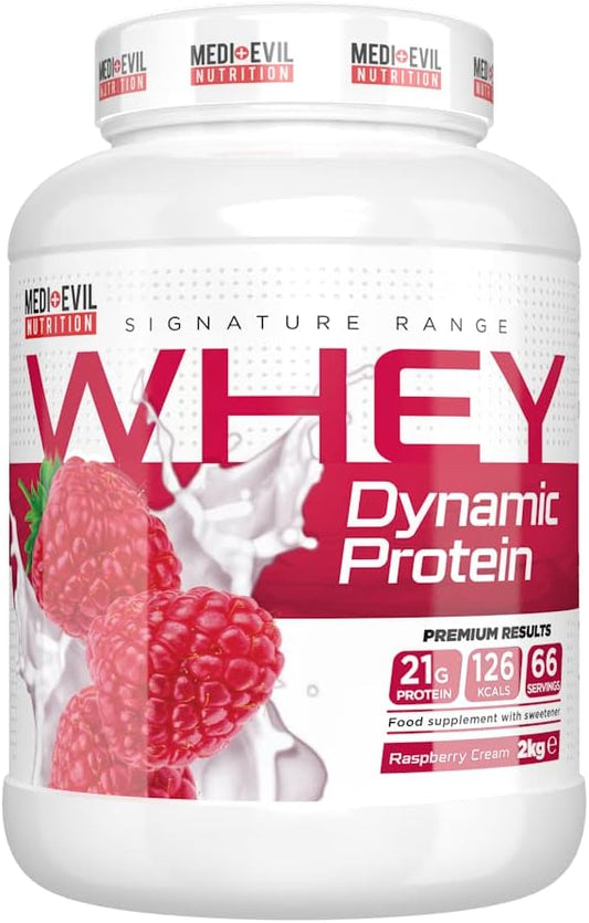 Medi-Evil Nutrition Whey Dynamic Protein, Raspberry Cream Flavour, 2Kg Whey Protein Powder For Muscle Building, Vegetarian | 66 Servings