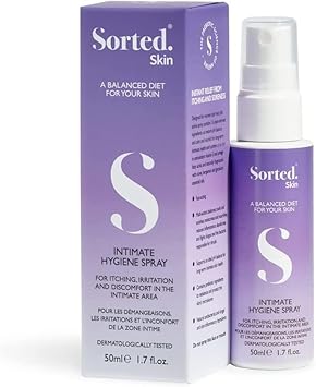 Sorted Skin Intimate Hygiene Spray, Personal Hygiene Spray Supports Balanced pH and Helps Relieve Itching and Soreness, Hypoallergenic Formula, Natural with Omega Fatty Acids for Men and Women 50ml