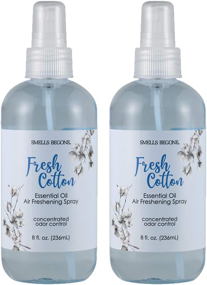 SMELLS BEGONE Essential Oil Air Freshener Spray - Odor Eliminator - 2 Pack - 8 Ounce (Fresh Cotton)