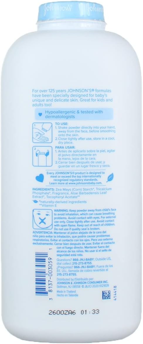 JOHNSON'S Pure Cornstarch Baby Powder with Aloe Vera & Vitamin E, 22 oz -- Packaging May Vary