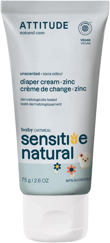 ATTITUDE Diaper Cream with Zinc & Oatmeal for Baby with Sensitive Skin, Unscented, Plant & Mineral-Based, Dermatologically Tested Vegan and Cruelty-Free, 2.6 Oz