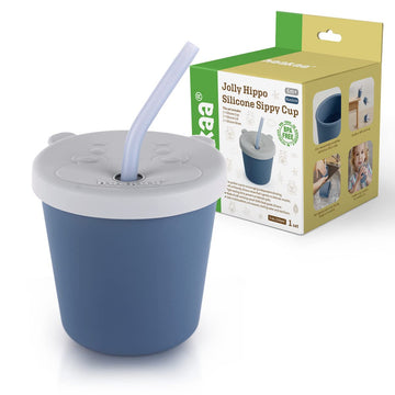haakaa Jolly Hippo Baby Straw Cup, Food Grade Silicone Baby Training Sippy Cups for Infant 6+ months, BPA Free First Open Cup&Snack Container for Toddlers, 5oz (Bluestone)