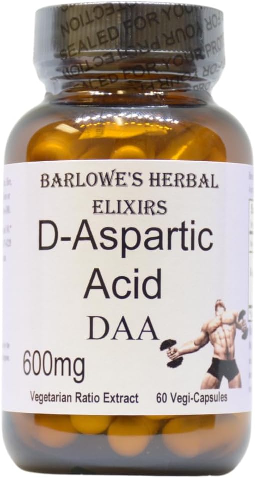 Barlowe'S Herbal Elixirs D-Aspartic Acid Supplement | Daa | 600 Mg Per Capsule | 60 Veggie Capsules | Athletic Performance | Stearate Free | Glass Bottle
