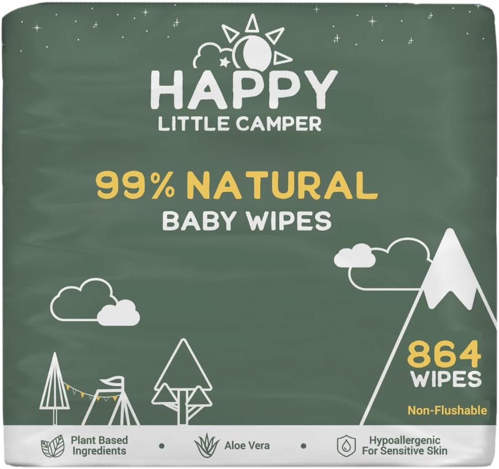 Happy Little Camper Natural Baby Wipes Unscented - Hypoallergenic & Chlorine-Free Wet Wipes With Aloe Vera, Chamomile And Pomegranate Extract - Gentle On Sensitive Skin - 864 Count