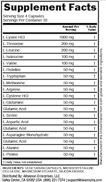 Essential Amino Acids Supplement - L-Proline, L-Alanine, Glutamic Acid, L-Asparagine Monohydrate, L-Aspartic Acid, L-Serine, L-Glutamine, L-Cysteine HCl, L-Arginine, L-Methionine, L-Tryptophan : Health & Household