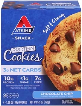 Atkins Chocolate Chip Protein Cookie, Protein Dessert, Rich in Fiber, 3g Net Carb, 1g Sugar, Keto Friendly, 4 Count
