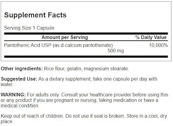 Swanson Pantothenic Acid (Vitamin B-5) Energy Metabolism Nerve Function Support 500 Mg 250 Capsules (4 Pack)