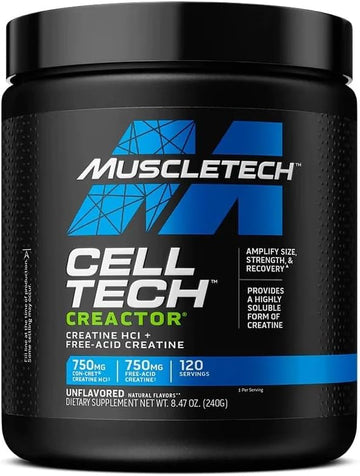 Muscletech Cell-Tech Creactor Creatine Hcl Powder,Post Workout Muscle Builder For Men & Women ,Creatine Hydrochloride + Free-Acid,Unflavored (120 Servings),8.47 Oz