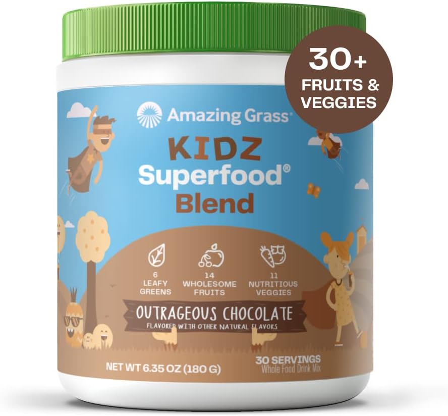 Amazing Grass Kidz Superfood: Organic Greens, Fruits, Veggies, Beet Root Powder & Probiotics For Healthy Kids, Outrageous Chocolate, 30 Servings, 6.35 Ounce (Pack Of 1)