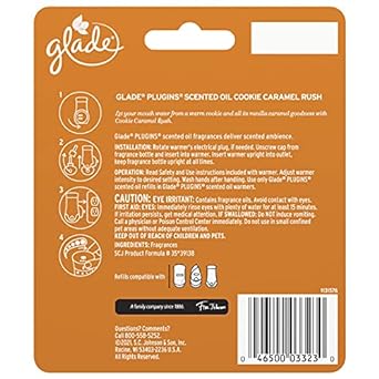 Glade PlugIns Refills Air Freshener Starter Kit, Scented and Essential Oils for Home and Bathroom, Cookie Caramel Rush, 0.67 Fl Oz, 1 Warmer + 1 Refill