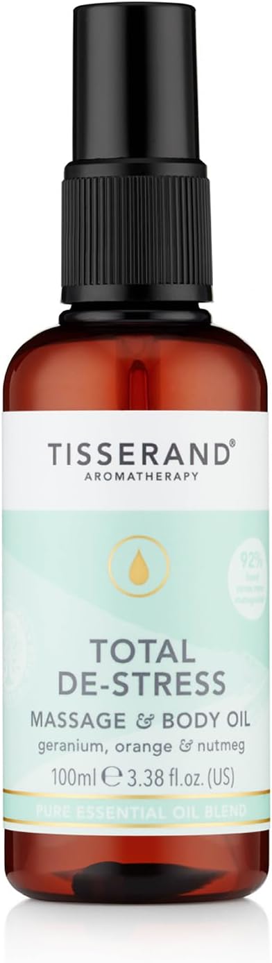 Tisserand Aromatherapy - Total De-Stress - Massage & Body Oil - Orange, Geranium, Nutmeg Essential Oil - 100% Natural Pure Essential Oils - 100Ml