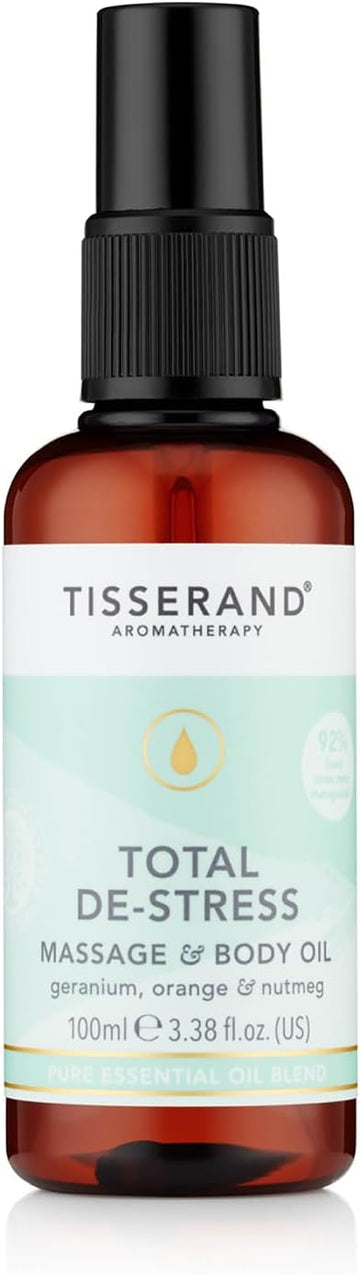Tisserand Aromatherapy - Total De-Stress - Massage & Body Oil - Orange, Geranium, Nutmeg Essential Oil - 100% Natural Pure Essential Oils - 100Ml
