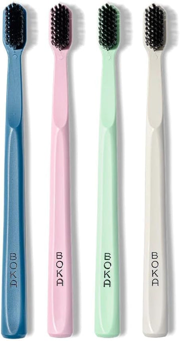 Boka Classic Manual Toothbrush With Extra Soft Activated-Charcoal, Tapered Bristles, Bioplastic Handle That Includes Travel Cap, Dentist-Approved, Great For Adults And Kids, Multi Color (Pack Of 4)