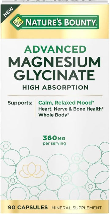 Nature'S Bounty High Absorption Magnesium Glycinate, Supports A Calm & Relaxed Mood, Heart, Nerves, Muscle & Bone Health Support, 90 Capsules