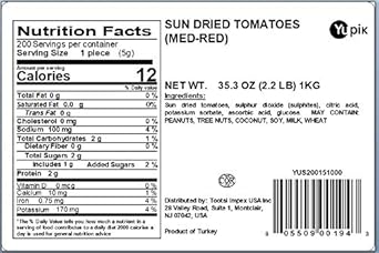 Yupik Sundried Tomatoes, Halves, 2.2 Lb, Vegan, Kosher, Half Slices, Dehydrated Tomatoes, Salted, Chewy, Source Of Fiber, Savory Ingredient, Ideal For Cooking