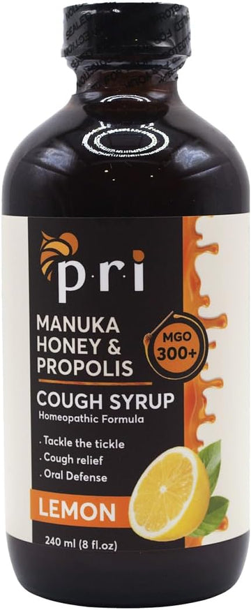 P.R.I Natural Dry Cough Syrup With Manuka Honey, Propolis, Tea Tree Oil And Vitamin C - Sore Throat & Immune Support, Lemon Flavor, 8Oz