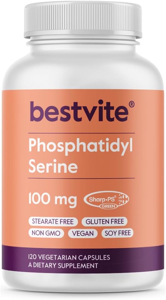 BESTVITE Phosphatidylserine 100mg per Capsule (120 Vegetarian Capsules) with Sharp-PS® Green - Patented and Clinically Tested - Stearate Free - Soy Free - Gluten Free - Vegan - Non GMO