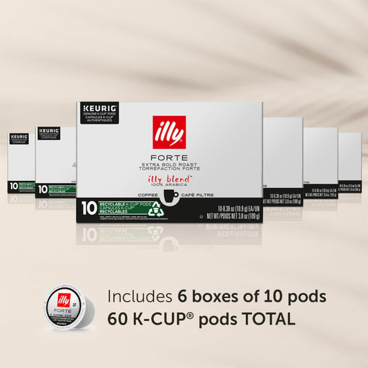 Illy Coffee K Cups - Coffee Pods For Keurig Coffee Maker – Forte Dark Roast – Toasted Bread & Dark Chocolate - Rich, Flavorful & Strong Flavor Pods of Coffee - No Preservatives – 10 Count, 6 Pack