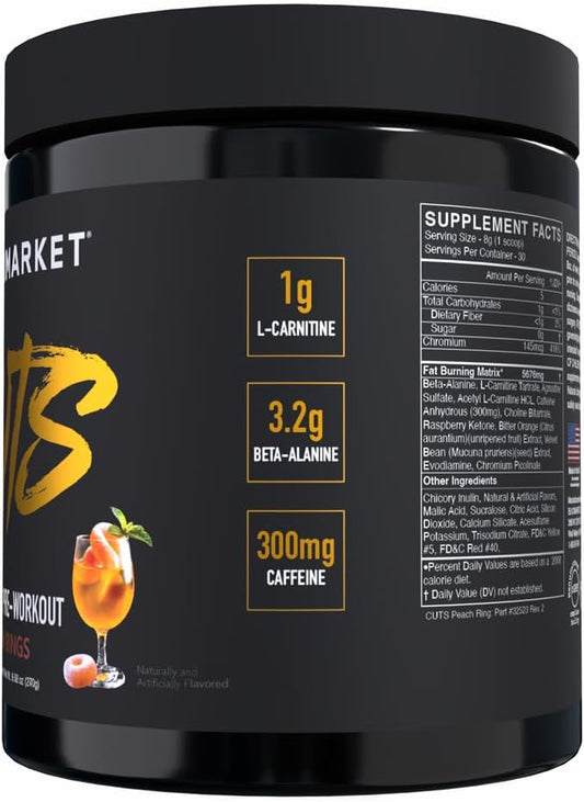 Blackmarket Cuts Pre Workout - Flavored Energy Powdered Drink Mix For Men & Women, Great For Muscle Definition, Thermogenic, Creatine Free, (Peach Ring, 30 Servings)