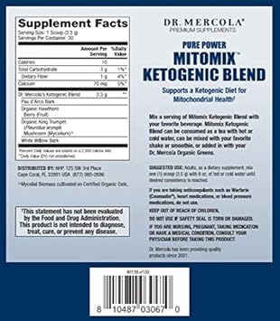 Dr. Mercola MITOMIX Ketogenic Blend PAU d’Arco and Organic King Trumpet Mushroom, 30 Servings (3.7 oz.) 1 Bag, Non GMO, Soy Free, Gluten Free : Health & Household