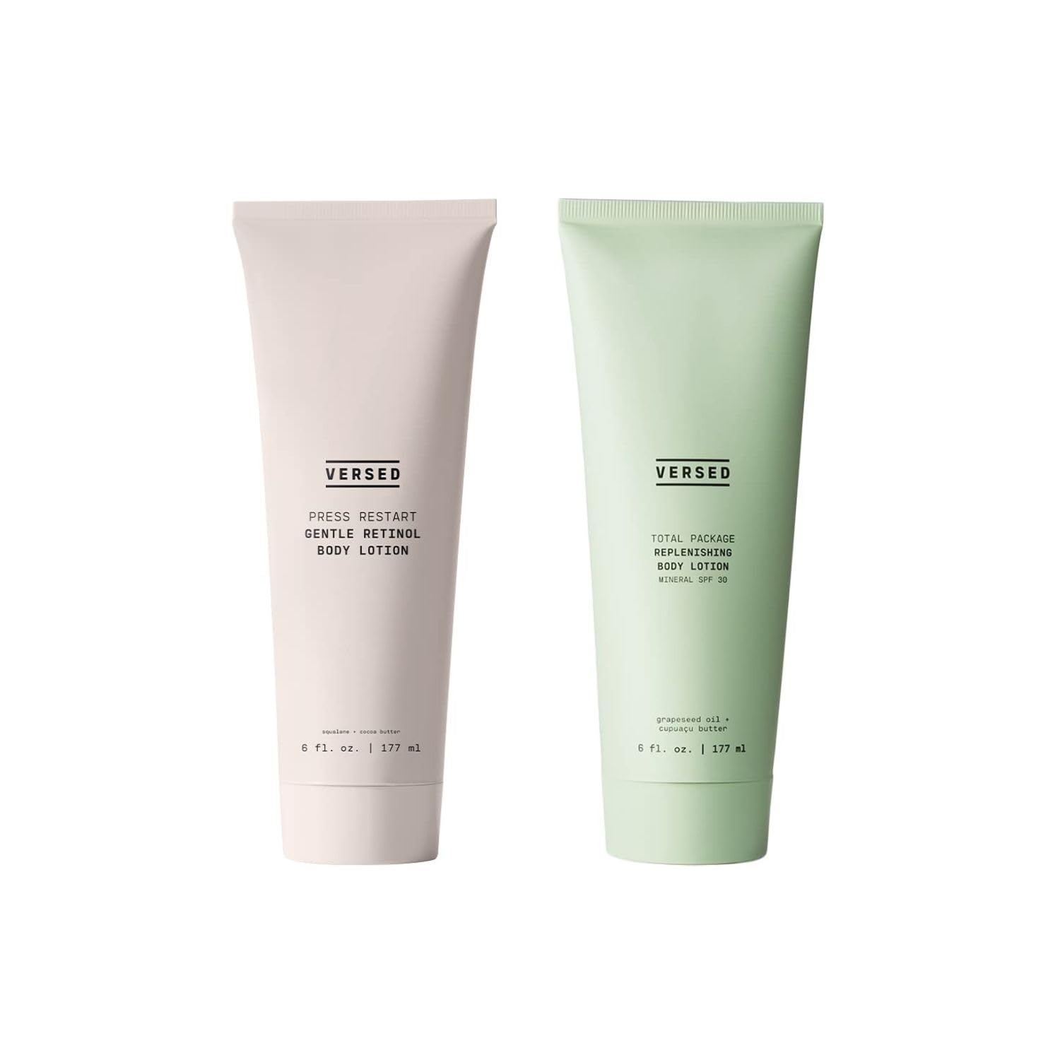 Versed Body Lotion Duo - Press Restart Gentle Body Lotion & Total Package Replenishing Body Lotion with Mineral SPF 30 Sun Protection (2 Products, 6 oz Each)