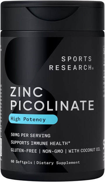 Sports Research Zinc Picolinate 50Mg With Organic Coconut Oil | Highly Absorbable Zinc Supplement For Healthy Immune Function - Non-Gmo Verified, Gluten & Soy Free