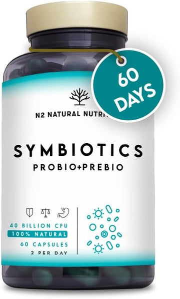 Probiotics And Prebiotics Supplement 40 Billion Cfu, 6 Strains For Digestive Health, Vegan Chlorophyll Capsules, 60 Capsules. N2 Natural Nutrition