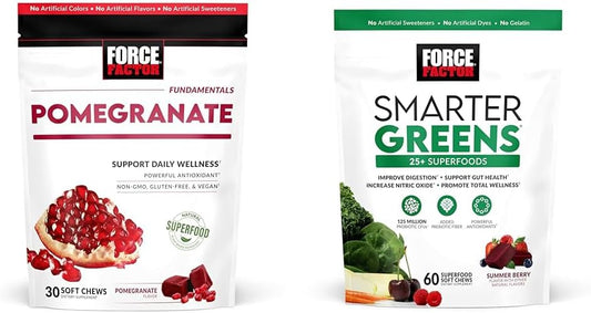 Force Factor Pomegranate Soft Chews For Healthy Aging & Smarter Greens Superfood Chews With 25+ Superfoods, Probiotics & Prebiotic Fiber, 60 Soft Chews