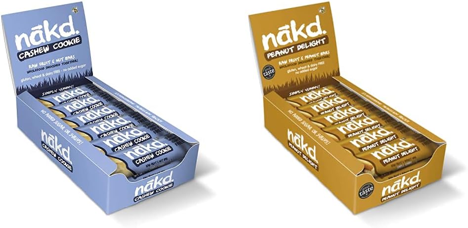 Nakd Cashew Cookie Natural Bars -Fruit & Nut Vegan - Gluten Free - 35 G (Pack Of 18) & Peanut Delight Natural Fruit & Nut Bars - Vegan Bars - Gluten Free - Healthy Snack, 35 G (Pack Of 18)
