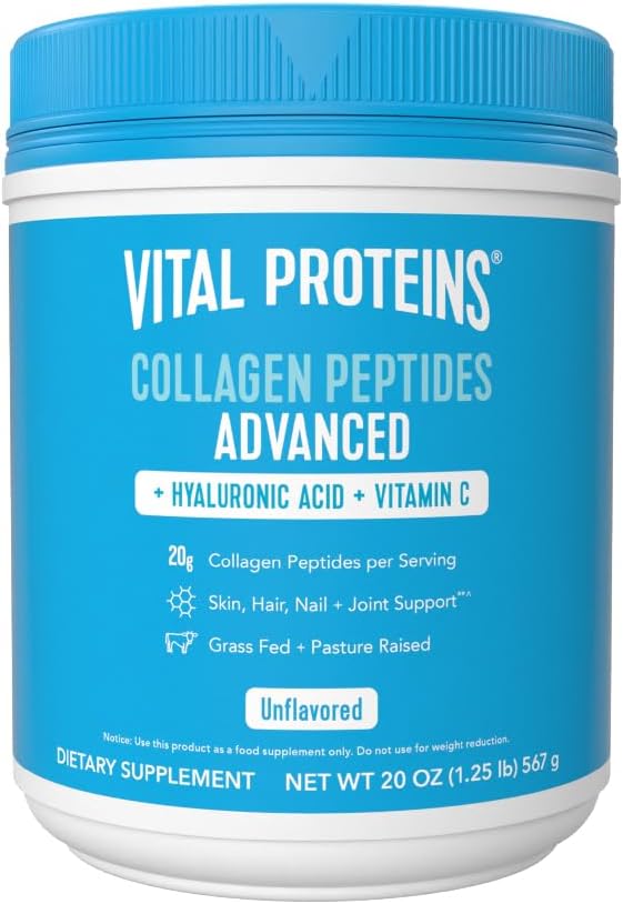 Vital Proteins Collagen Peptides Powder with Hyaluronic Acid and Vitamin C, Unflavored, 20 oz