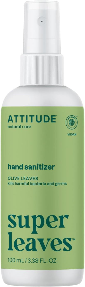 ATTITUDE Hand Sanitizer Spray for Adults and Kids, EWG Verified, Kills Bacteria and Germs, Vegan, Olive Leaves, 3.38 Fl Oz (Spray Bottle)