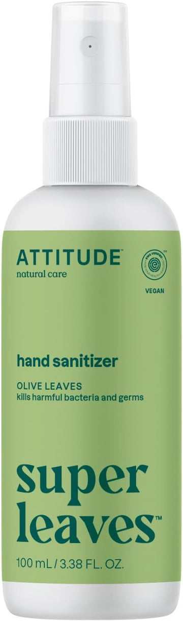 Attitude Hand Sanitizer Spray For Adults And Kids, Ewg Verified, Kills Bacteria And Germs, Vegan, Olive Leaves, 3.38 Fl Oz (Spray Bottle)