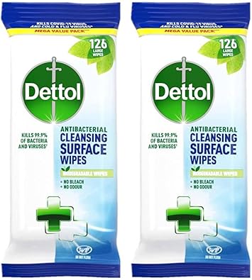 Dettol Antibacterial Disinfectant Surface Cleaning Wipes, 126 Count, Pack Of 2 - Ideal For First Aid Kit And Workplace Hygiene
