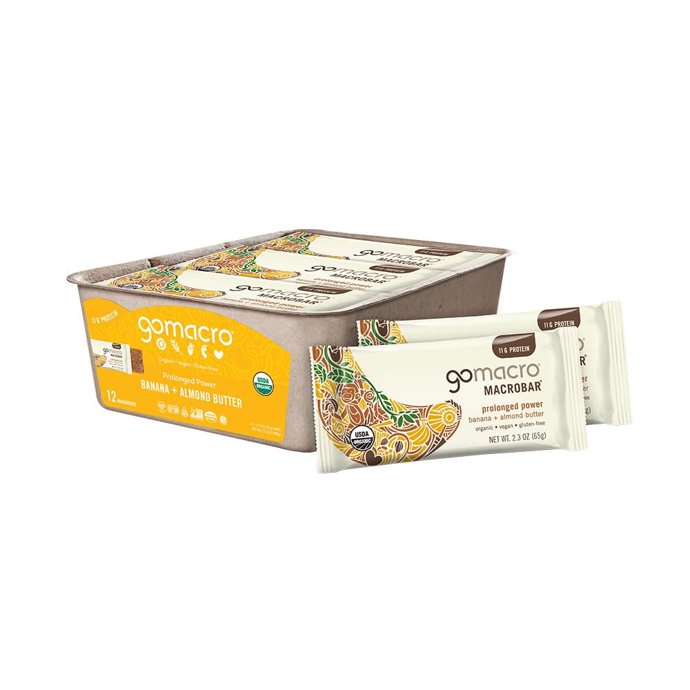 Gomacro Macrobar Organic Vegan Protein Bars - Banana + Almond Butter, (2.3 Ounce Bars, 12 Count)