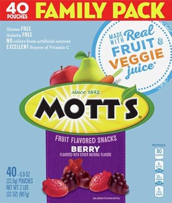 Mott'S Fruit Flavored Snacks, Berry, Family Pack, Gluten Free, Kids Snacks, Back To School Snacks, 40 Ct