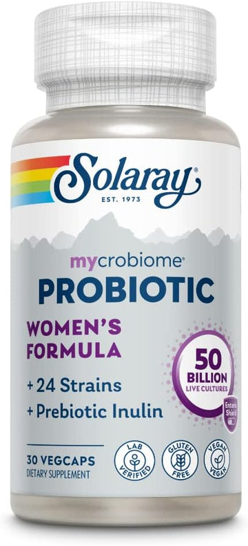 Solaray Mycrobiome Probiotic Women’S Formula, 24 Strains Plus Prebiotic Inulin, Specially Formulated For Women, Digestion, Mood & Urinary Tract Support, 50 Billion Cfu, 30 Servings, 30 Vegcaps