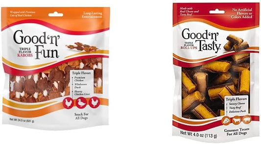 Good'n'Fun Triple Flavored Rawhide Kabobs 24oz & Good 'n' Tasty Cheese & Beef Roll Up 4oz : Pet Supplies