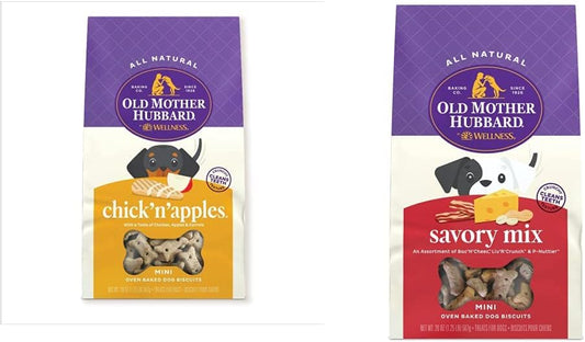 Bundle of Old Mother Hubbard by Wellness Classic Chick'n'Apples & Classic Savory Natural Dog Treats, Crunchy Oven-Baked Biscuits, Ideal for Training, Mini Size, 20 Ounce Bag : Pet Supplies