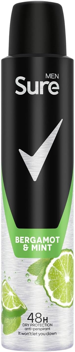 Sure Men Anti Perspirant Deodorant Bergamot & Mint, Pack of 5, Alcohol Free Deodorant Spray for Men with energising scent Provides 48-Hour Odour Control, 200ml : Amazon.co.uk: Beauty