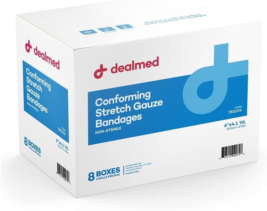 Dealmed 6" Non-Sterile Conforming Stretch Gauze Bandages, 4.1 Yards Latex Free Stretched Dressing Wrap, Medical Non-Adherent Wound Care Mesh Bandages (Case Of 48 Rolls)