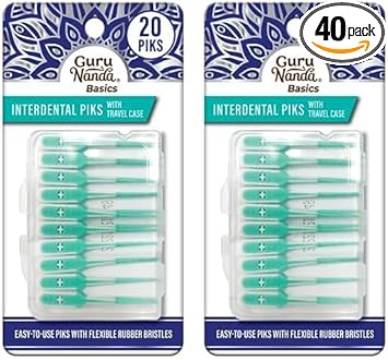 Gurunanda Interdental Picks With Travel Case - Floss Tooth Pick For Teeth Cleaning - Flexible Rubber Bristles - 20 Picks (Pack Of 2)